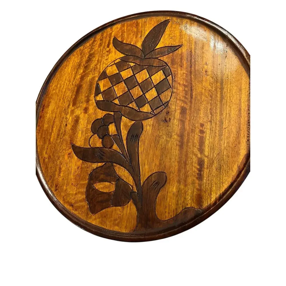 VINTAGE Folk Art HANDCRAFTED Wood Tray CARVED Plate Pineapple Hand 14” 3010-28